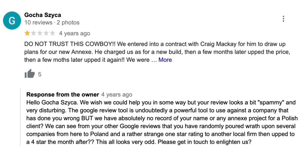 example of review response to fake review