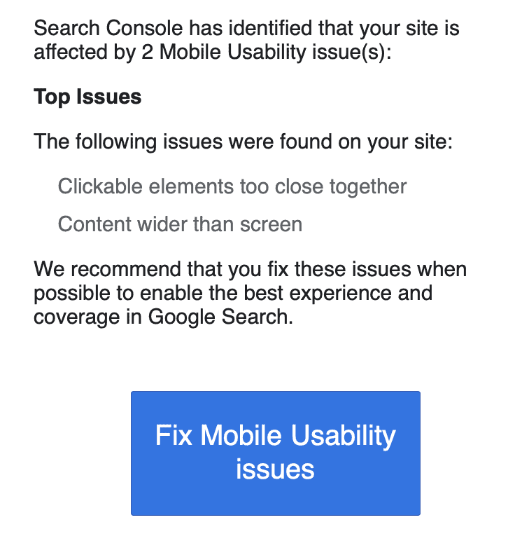 Google search console mobile issue error